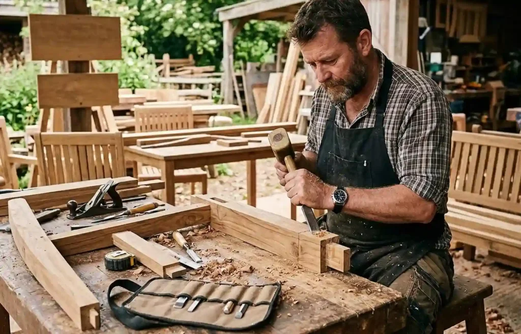 Craftsman creating mortise and tenon joinery for durable indonesian outdoor furniture in a traditional workshop
