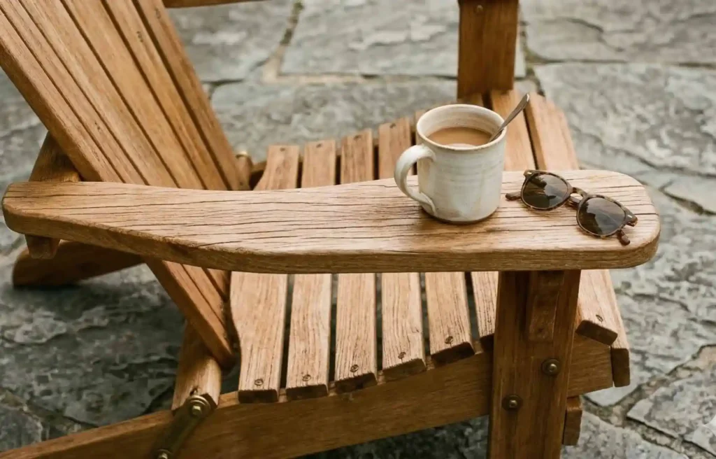 Teak outdoor lounge chair armrest with coffee mug and sunglasses on stone patio showing old-growth teak vs plantation teak grain difference.