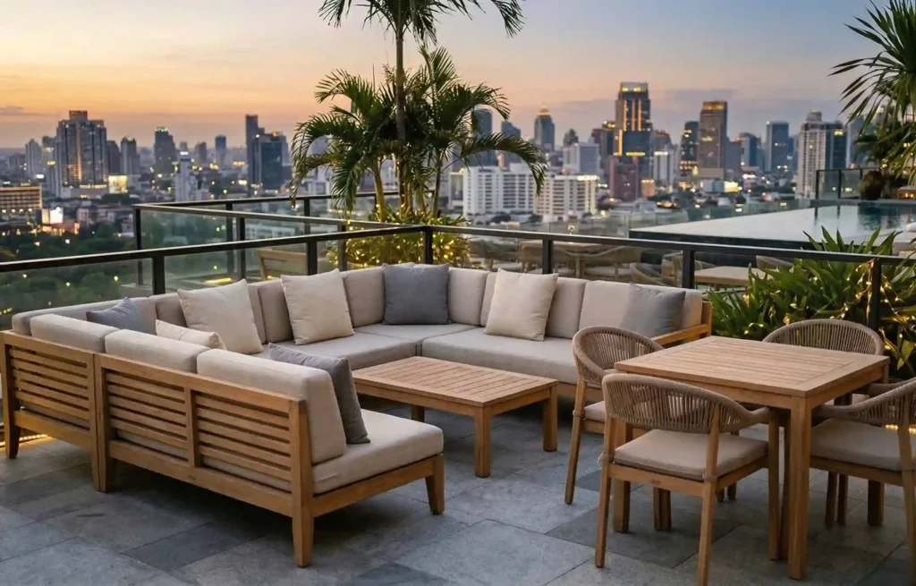 Teak outdoor furniture for rooftop lounge in luxury hotel with city skyline view and modern seating arrangement.