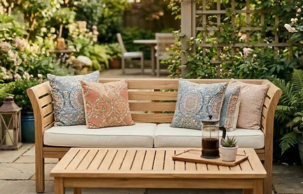 Teak outdoor sofa with patterned cushions shows wood density strength beside a wooden coffee table in a landscaped garden setting.