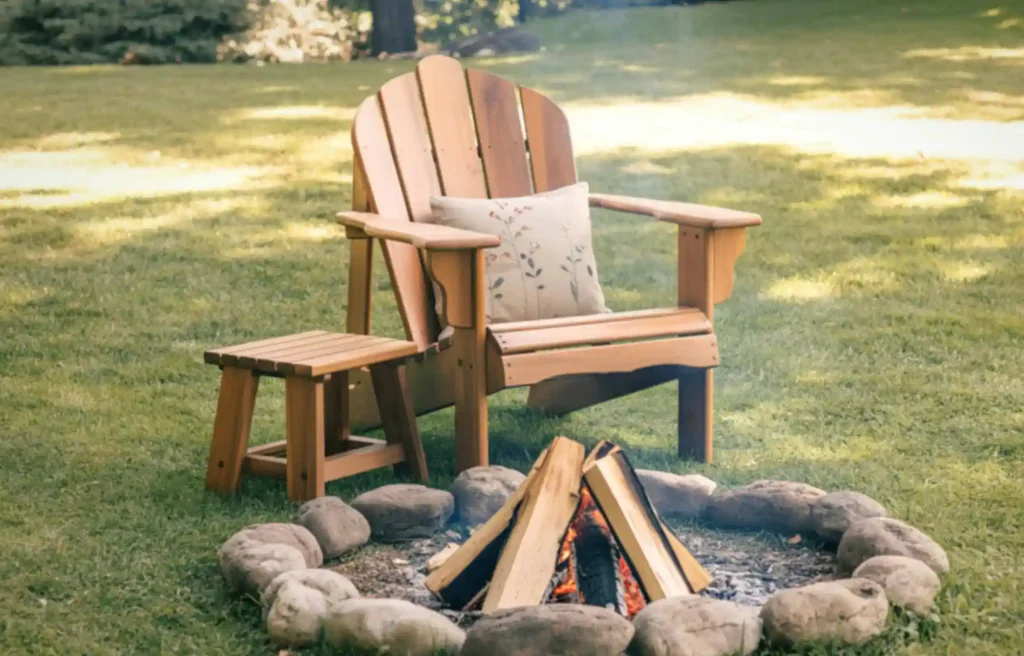 Wooden outdoor lounge chair with footrest placed on grass near large natural stone in a garden setting.