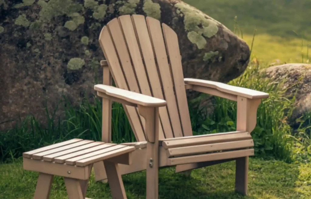 Wood seasoning outdoor lounge chair with footrest placed on grass near a large natural stone in a garden setting.
