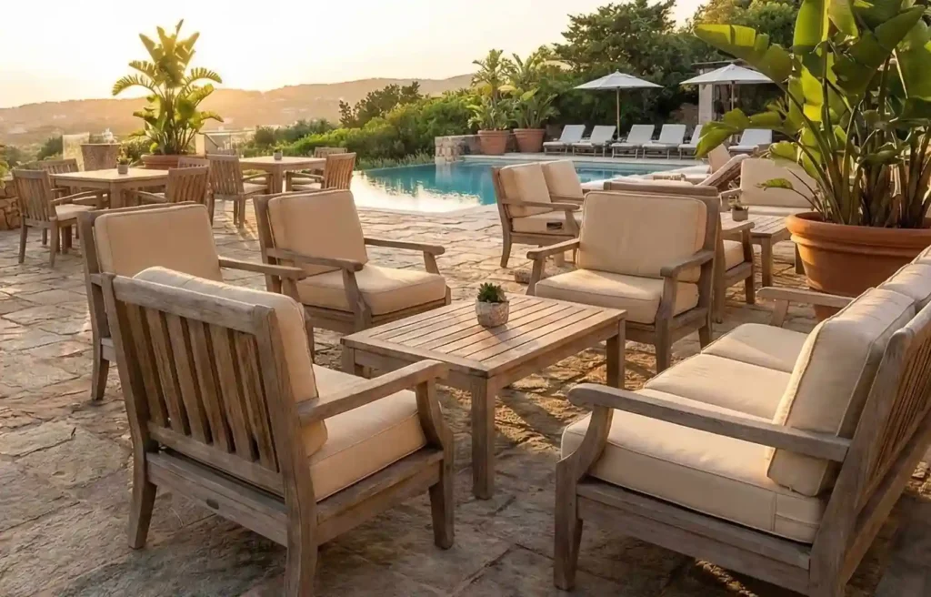 Buying outdoor furniture for resorts with teak lounge chairs and table set near luxury poolside patio.
