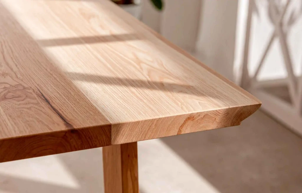 Solid wood tabletop with natural wood grain supporting strength and stability.